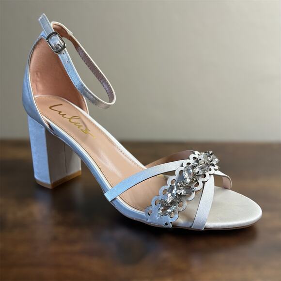 Lulus Danteh Dress Sandal 8 Ivory Satin Rhinestone Ankle Strap Block Heel Formal - Picture 1 of 12